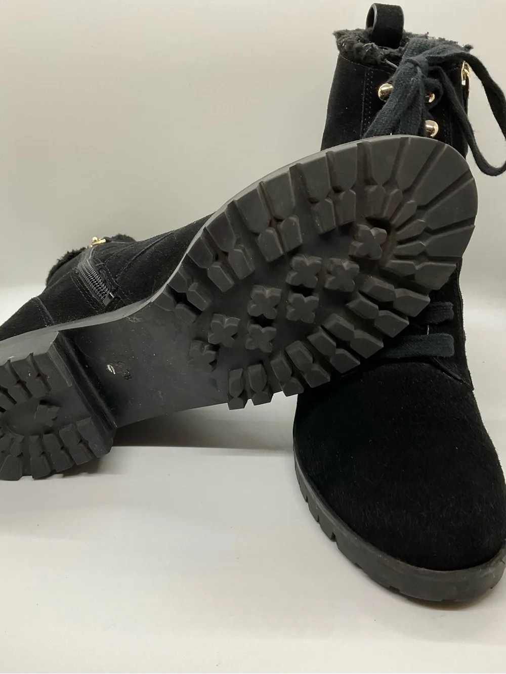 KATE SPADE NEW YORK Raegan Faux Shearling Combat Suede Black Boots  Size 6.5